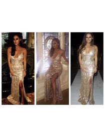 Gold Pleather Sequin Evening Dress